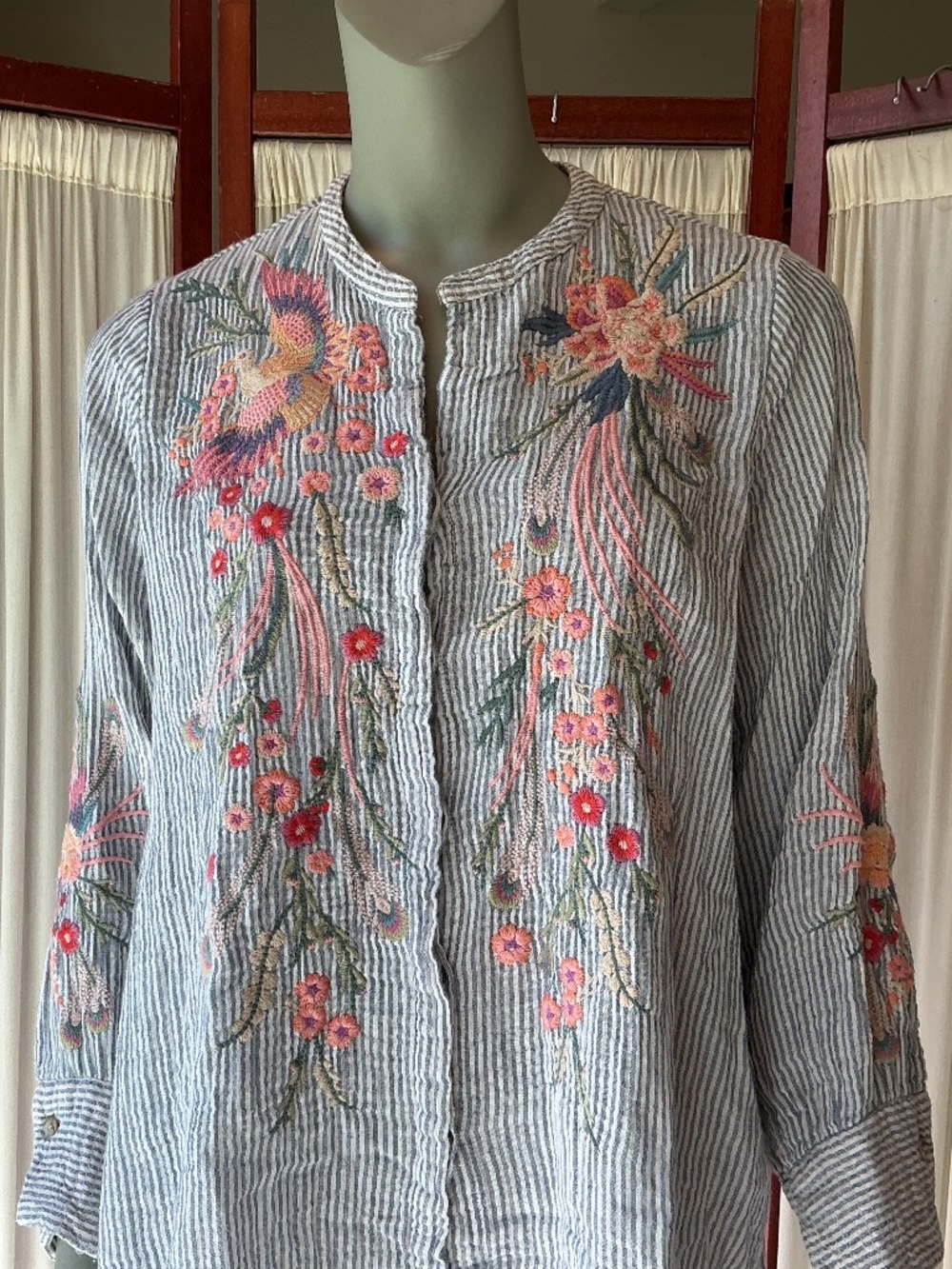 Johnny Was Workshop Karen Voyager Stripe Embroidered Bird Floral Tunic Shirt S